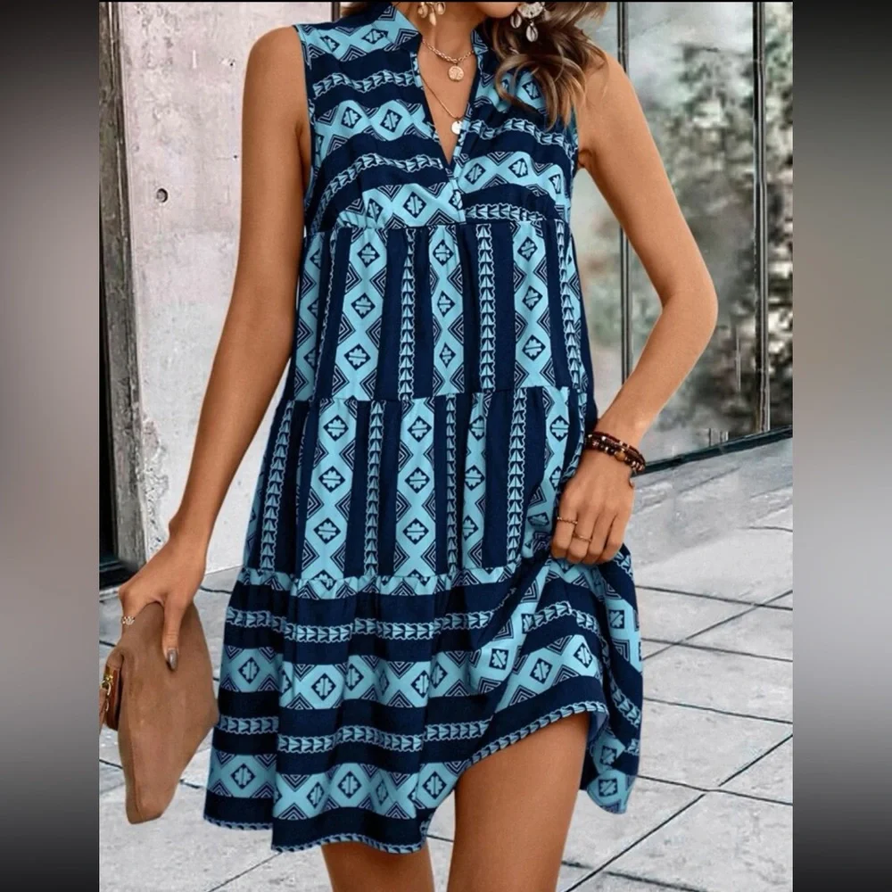 Boho Geometric Abstract Print Sleeveless Collar Dress - Picture 1 of 12